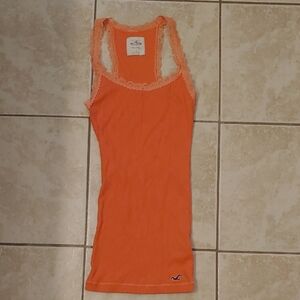 VTG Hollister Orange Racerback Tank Top Y2K Lace Trim Ribbed Women's Size S